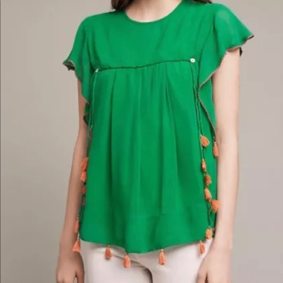 Banjanan Emerald Green Short Sleeve Blouse with Orange Tassel Trim | Size Small - Picture 1 of 11